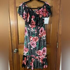 LuLaRoe Cici Dress Large Velvet Velour Floral Rose Fitted Flirty Mermaid NWT